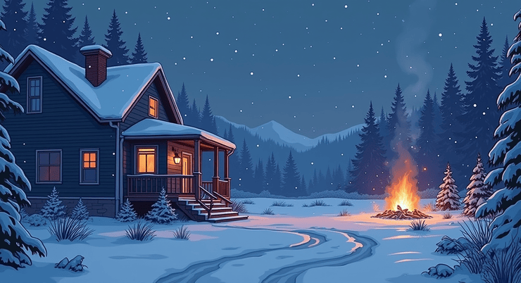 Picture of a Snowy landscape with a bonfire