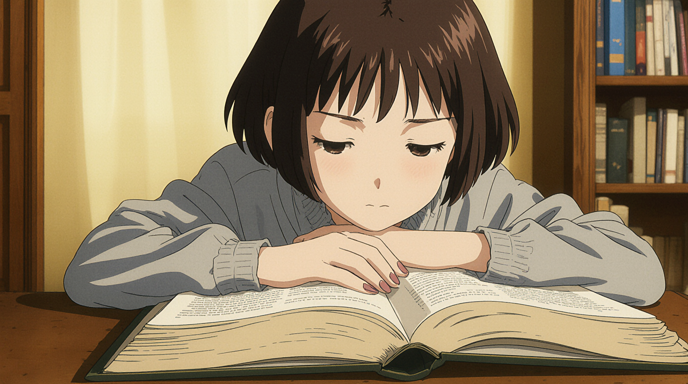 a girl studying a big textbook with tired eyes