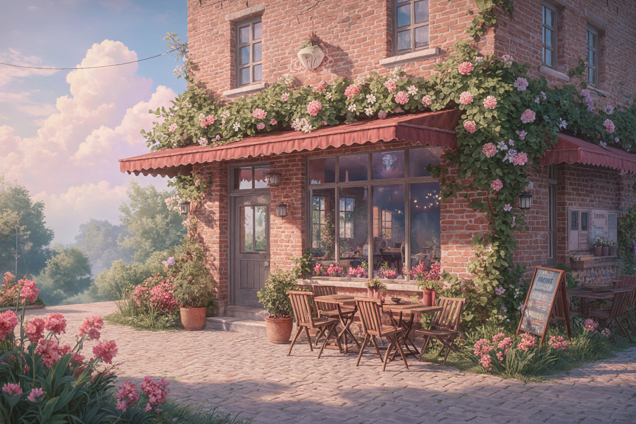 A Lofi Style cafeteria made of red bricks and a beautiful terrace